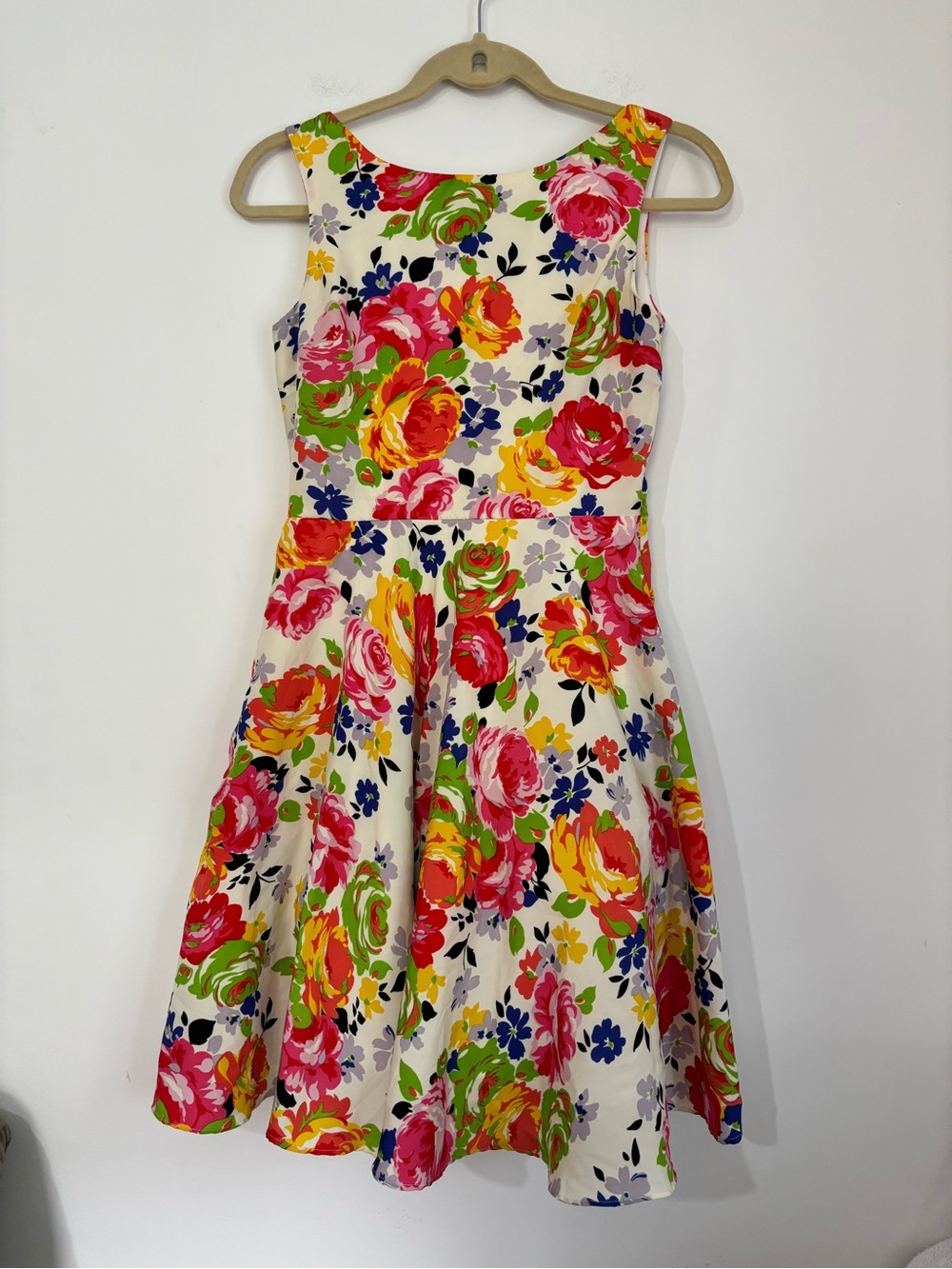 Betsey Johnson Cream Floral Fit-and-Flare Dress with Pink, Yellow & Green Blooms